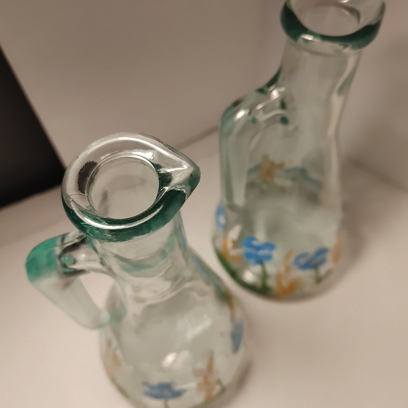 2 Green tinted Glass Hand Painted Vase or Cruet Italy - Picture 2 of 8